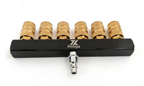 Six Way Air Manifold With One Quarter Inch NPT Quick Connect, industrial pneumatic splitter, six brass fittings.
