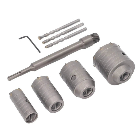 Heavy Duty Concrete Hole Saw Kit With Carbide Cutting Bits In 30Mm 40Mm 50Mm And 65Mm Sizes Plus Core Drill Set For Brick And Cement Wall Drilling Tasks, with 4 hole saws and drill bits