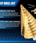 Close-up of Step Drill Bit Set 6 To 60mm Titanium Coated HSS Cone Drill Bit with measurements and titanium coating detail.