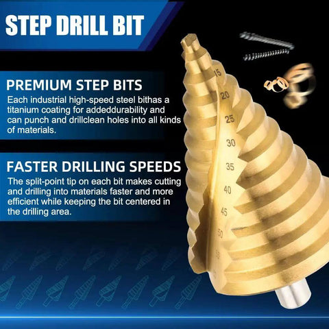 Close-up of Step Drill Bit Set 6 To 60mm Titanium Coated HSS Cone Drill Bit with measurements and titanium coating detail.