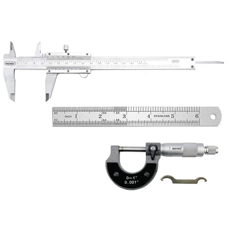 Pro Grade 3 Piece Precision Measurement Set With Vernier Caliper, Micrometer And Steel Ruler For Inside Outside Depth And Step Measurements, Industrial Stainless Steel, Accuracy To 0.001 Inch