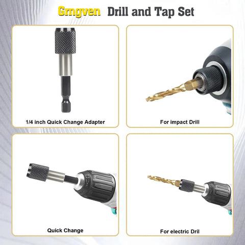 13 Piece Drill Tap Bit Set With Metric And SAE Sizes showing quick change adapter for drilling and screw tapping