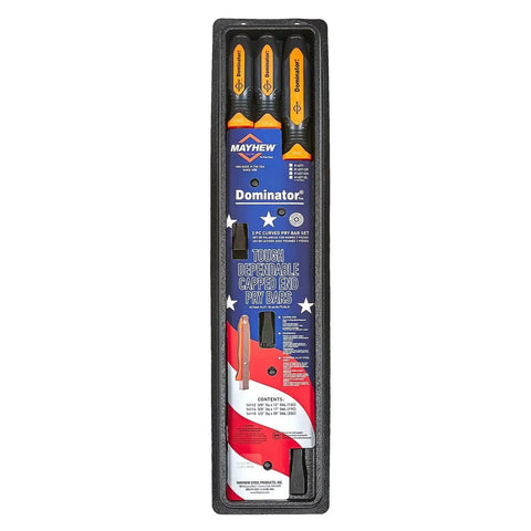 Dominator Pro 3 Piece Pry Bar Set With 12 Inch, 17 Inch And 25 Inch Curved Pry Bars In Orange packaging view.