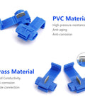 Front and side views of blue insulated quick-splice wire connectors for 22–10 AWG.