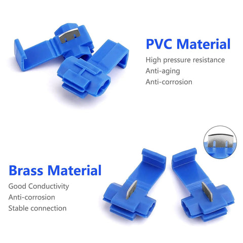 Blue Quick Splice Wire Connectors For 18 To 14 AWG Cables Solderless Snap Wire Joiners Insulated Cold Pressed Crimp Connectors 100 Pieces No Stripping Or Soldering Required No Fuss Splicing with PVC and Brass Materials