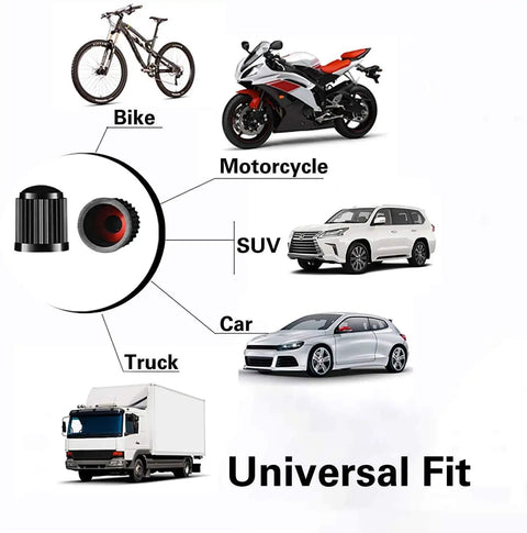 Diagram showing 50 Pack Tire Valve Caps Plastic Valve Stem Caps With O Ring Seal Built For All Rides Cars SUVs Trucks Motorcycles And Bicycles Airtight Dust Proof Black with images of bike, motorcycle, car, SUV, truck, labeled 'Universal Fit'.