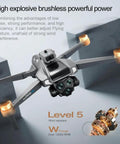Foldable Dual 4K Camera Drone With 5G Transmission And Brushless Motors in flight, showing adjustable lens and level 5 wind resistance.