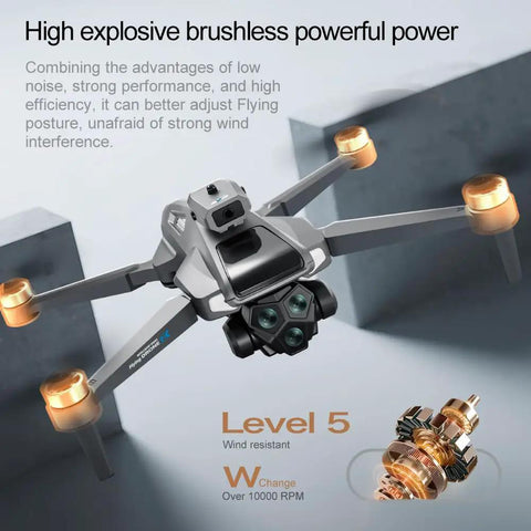 Foldable Dual 4K Camera Drone With 5G Transmission And Brushless Motors in flight, showing adjustable lens and level 5 wind resistance.