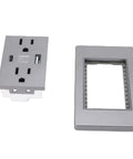 Built Tough 15A Decorator Wall Outlet With USB And Type C Quick Charge Ports Splash Proof Standard Switch Plate For Home And Office Clean Grey, shown with wall plate and outlet.