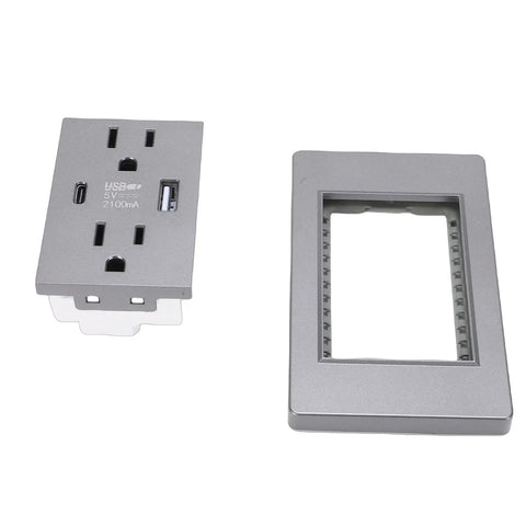 Built Tough 15A Decorator Wall Outlet With USB And Type C Quick Charge Ports Splash Proof Standard Switch Plate For Home And Office Clean Grey, shown with wall plate and outlet.