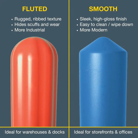Heavy Duty Bollard Covers For 8 Inch Poles 57 Inches Tall High Density Polyethylene Fluted and Smooth designs for warehouse and office use.
