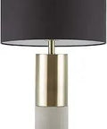 Gold And Black Modern Luxe Desk Lamp With Concrete Base And Fabric Drum Shade for Nightstand Bedside Table.