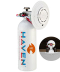 Automatic Heat Activated Fire Suppression Device With 135 Degree Sensor, white cylinder, designed for kitchens and offices, eco-friendly.