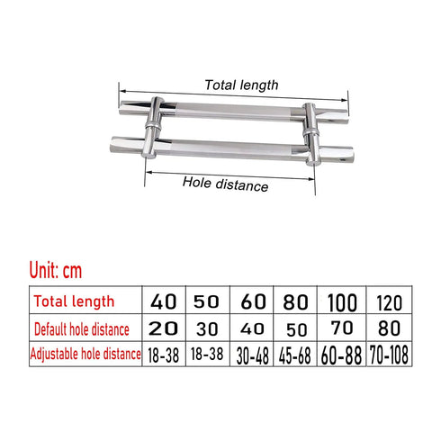 Diagram of Modern Entrance Door Handles Set Adjustable Push Pull Bar with measurements and size options for sliding doors.