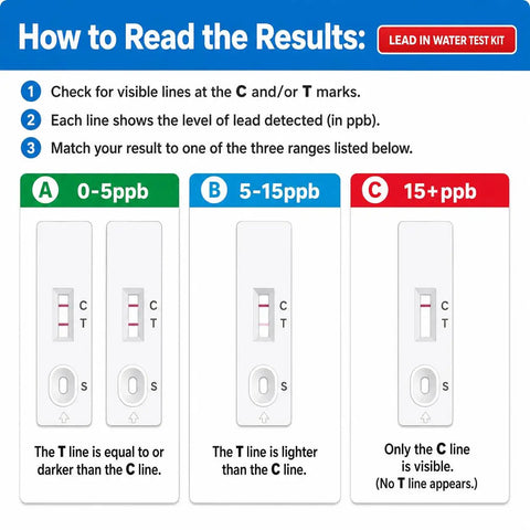 How to Read the Results for Straight Up Lead Water Test Kit For Tap And Well Water - 0-5ppb, 5-15ppb, 15+ppb interpretation.