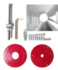 Heavy Duty Aluminum Router Table Insert Plate Woodworking Trimmer Universal Mount Center Bushing with red rings and hardware.