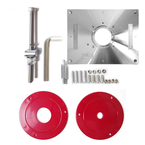 Heavy Duty Aluminum Router Table Insert Plate Woodworking Trimmer Universal Mount Center Bushing with red rings and hardware.