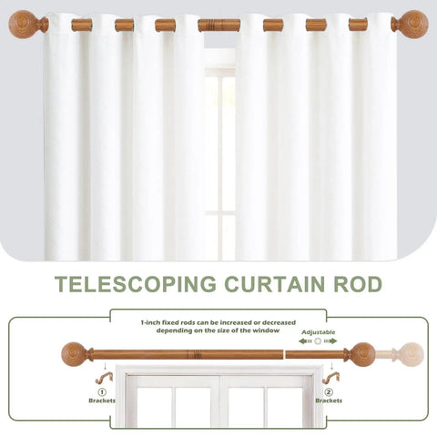 Diagram showing Two Pack Imitation Wood Grain Curtain Rods With Ball Finials, Adjustable 1 Inch Diameter Rails For 28 To 48 Inch Windows.