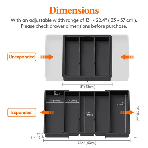 Expandable Kitchen Utensil Organizer for Drawers, Adjustable Cutlery Tray and Spatula Holder, black with dimensions