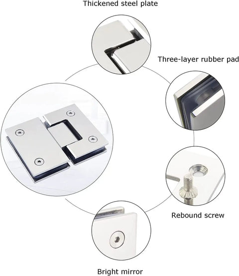 Heavy Duty Two Pack 180 Degree Glass Door Hinges Rock Solid 304 Stainless Steel Pivot For Frameless Showers And Cabinets Auto Spring Back detailed view of thickened steel plate and rebound screw