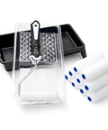 5.9 Inch Paint Tray Liner Set With 4 Inch Roller Frame Includes Ten 4 Inch Foam Roller Covers, A 4 Inch Roller Handle, Black 4 Inch Paint Tray, And Three Transparent Trays for Clean, Precise Detail Painting On Water And Oil Based Finishes, displayed together.