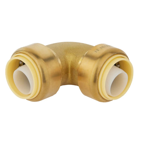Six Pack Push Fit One Half Inch Elbow Fittings For Pex Copper CPVC With Disconnect Clip Lead Free DZR Brass 200 PSI 200 Degree F Maximum Connects Pex Copper CPVC And PE RT Pipes Easy Quick Install brass elbow fitting close-up view