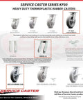 Kingpinless Swivel Caster With Thermoplastic Rubber Donut Tread And 8 Inch Gray Wheel Featuring Side Lock Brake For Heavy Duty Gear 600 Pound Capacity. Casters overview with various sizes and capacities.