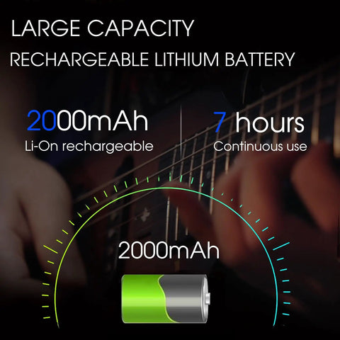 Image showing large capacity 2000mAh rechargeable lithium battery promoting extended use, related to Aroma Mini 5W Guitar Amp.