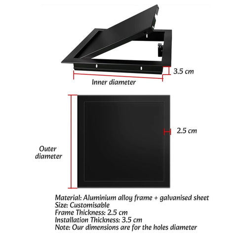 Heavy Duty Black Access Panel For Drywall And Suspended Ceilings Rustproof Galvanized Steel Inspect Hatch dimensions and details on display.