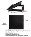 Solid As A Rock Metal Access Panel For Drywalls And Ceilings Sleek Black Inspection Hatch dimensions showing inner and outer diameter.