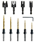 Close-up of Shop Ready 9 Piece Wood Countersink Drill Bit Set Featuring Titanium Coated Tapered Burrs And Heavy Duty Wood Plug Cutter, 1/4 Inch Hex Shank