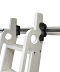 Rustic Black Sliding Library Ladder Hardware Kit With Track System And Brake Wheels No Ladder Included For Home Garage Or Library Storage Durable Slick Carbon Steel Build Easy DIY Install, close-up view of track system and brake wheels on wooden ladder.