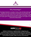 Advantage and Safetech hardware company descriptions on a promotional graphic, highlighting gate hardware innovation and design.