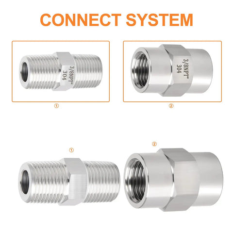 304 Stainless Steel Pipe Fitting Set Hex Nipple And Hex Coupling 3/8 In NPT Male To 3/8 In NPT Female Heavy Duty Connectors
