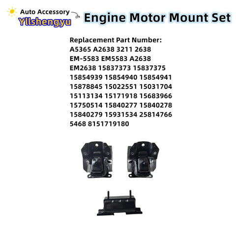 3 Piece Engine Mount Kit For Trucks And SUVs Fits Silverado 1500 Tahoe Suburban 2500 Avalanche Sierra 1500 Yukon Escalade ESV Replaces A5365 A2638 3211 EM5583 EM2638 Beefed Up Engine And Transmission Mounts For AWD And 4WD shown with part numbers displayed.