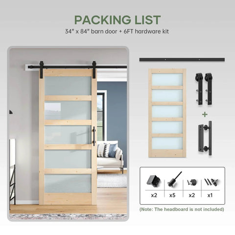 Glass Sliding Barn Door Kit 34 By 84 Inch With Six Feet Of Hardware Included Five Panel Frosted Glass In Spruce Wood Frame