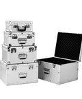 Image of Durable Aluminum Hard Tool Box With Removable Foam Insert Portable Storage Briefcase, open and stacked in different sizes.