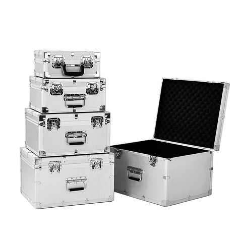 Image of Durable Aluminum Hard Tool Box With Removable Foam Insert Portable Storage Briefcase, open and stacked in different sizes.