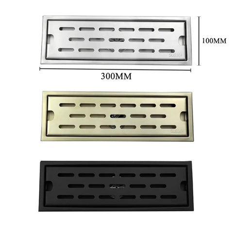 Brushed Gold Linear Shower Drain With No Sweat Hair Catcher For Bathroom Kitchen Or Toilet Durable Waste Grate, 300MM size.
