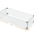 Rectangular Fire Pit Wind Guard For 52 Inch Tables, 27.6 X 11.7 X 6.5 Inches, Transparent Glass With Aluminum Brackets Side View