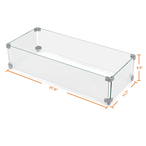 Rectangular Fire Pit Wind Guard For 52 Inch Tables, 27.6 X 11.7 X 6.5 Inches, Transparent Glass With Aluminum Brackets Side View