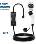 Top Shelf Portable EV Charger 3.6kW 16A Featuring Type 1 SAE J1772 And Type 2 Plugs, 10m cord, black housing, for home or travel.