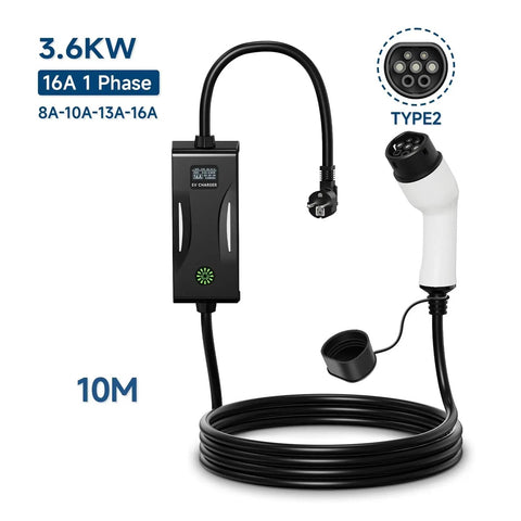 Top Shelf Portable EV Charger 3.6kW 16A Featuring Type 1 SAE J1772 And Type 2 Plugs, 10m cord, black housing, for home or travel.