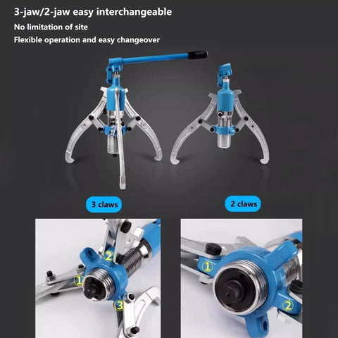Built Tough Heavy Duty Hydraulic Puller Splitter Tool 50T Capacity showing 3-jaw and 2-jaw configurations, durable steel construction