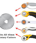 45mm Rotary Cutter Blades 10 Pack Compatible With Olfa And Fiskars showing blade and compatible cutter handles