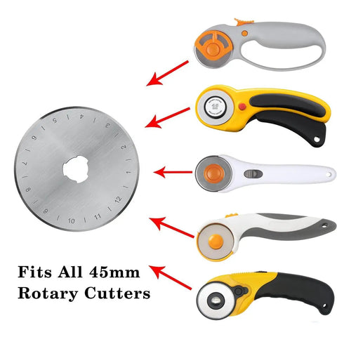 45mm Rotary Cutter Blades 10 Pack Compatible With Olfa And Fiskars showing blade and compatible cutter handles