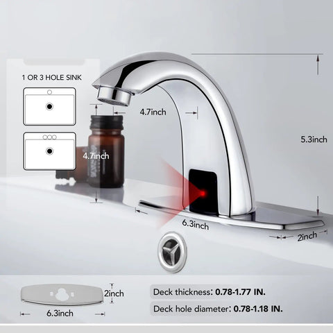 Touchless Bathroom Sink Faucet With Sensor Motion Activated Hands Free Experience In Chrome Finish, Battery Operated, 2 GPM Aerator, Temperature Valve, Deck Plate Included, Water Saving, Commercial Grade, Modern Sleek Design