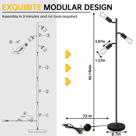 Industrial Floor Lamp With Three Adjustable Rotating Arms, Tree Style Standing Light For Living Room, Bedroom, Black Finish, Assembly Diagram