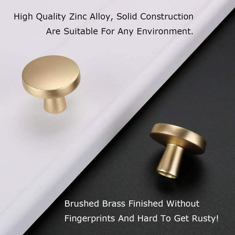 Two brushed brass zinc alloy cabinet knobs, gold finish. Gold Cabinet Knobs Set 10 Pack Round Brushed Brass Zinc Alloy Hardware For Dresser Drawer Cupboard Desk And Kitchen Heavy Duty Rust Resistant Easy Install With 1 Inch And 1.77 Inch Screws Included.