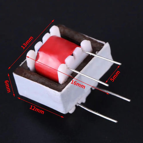 Ten Pack 600 Ohm 1 To 1 Isolation Transformers For Audio Applications, EI14 core, white and red components with pins, side view